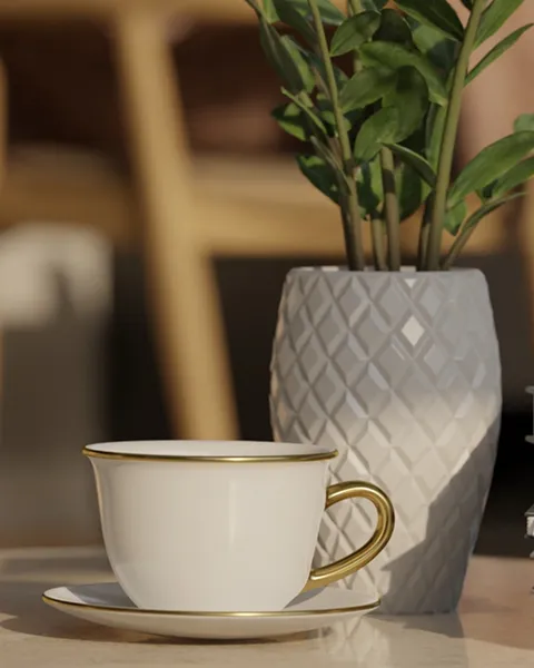 洗練されたテーブルコーディネートを彩る観葉植物の緑と金縁のカップが高級感を演出するナチュラルなインテリア