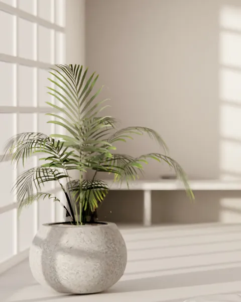 開放的なリビングインテリアに自然を取り入れる大きな窓際の鉢植え植物と柔らかな日差しが作る穏やかな風景