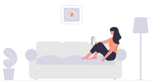 リビングの白いソファでスマホを見てくつろぐ女性のフラットイラスト。おうち時間でのリラックス、動画視聴、SNS操作など、スマートフォンを活用する様子を表現