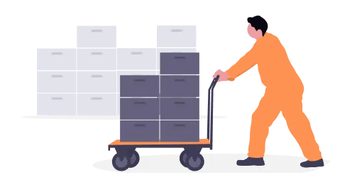 倉庫で荷物を運搬する作業員のイラスト。物流センターでの在庫管理や配送準備、台車を使った重い荷物の移動など、効率的な物流オペレーション